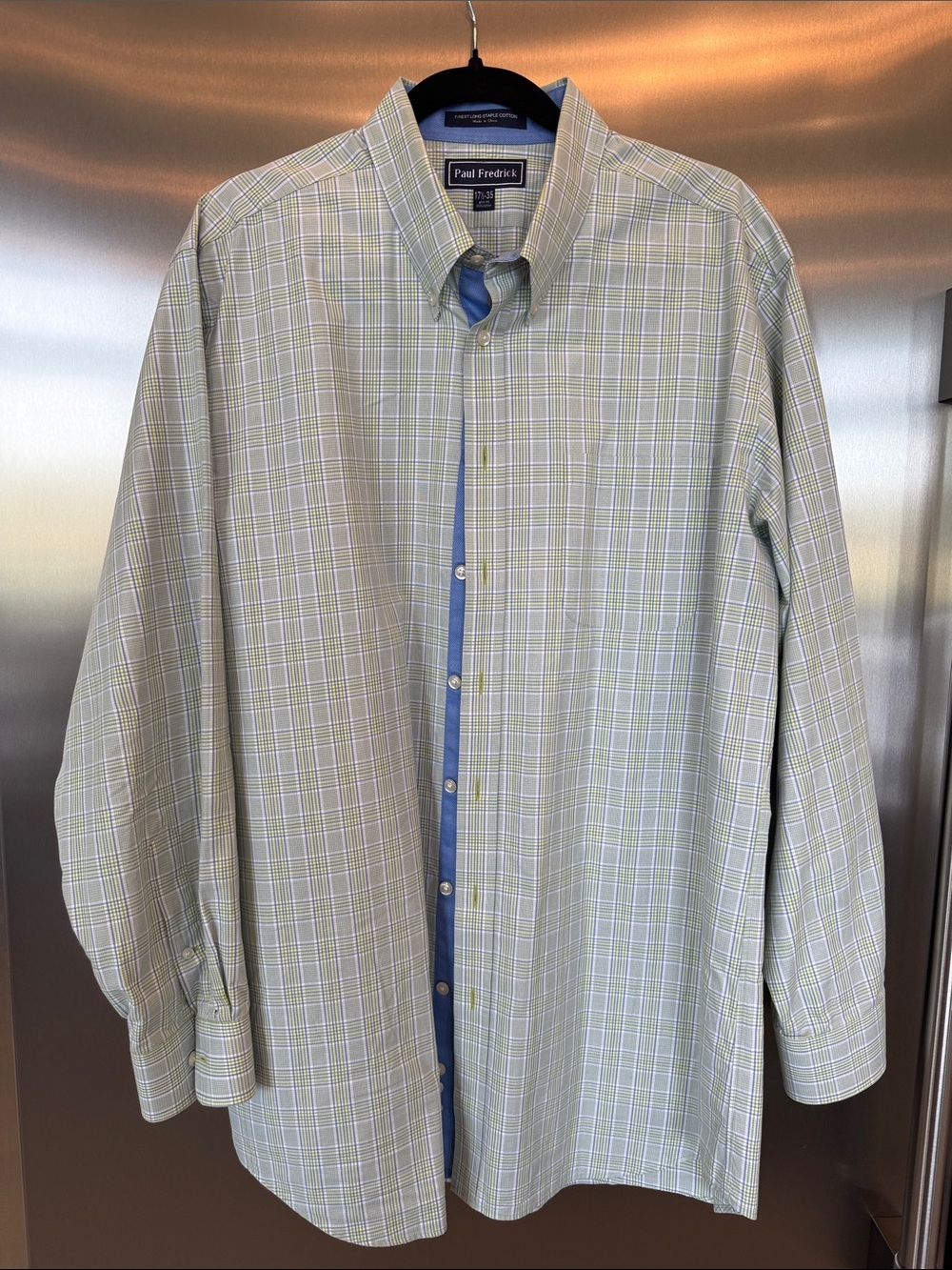 Paul Fredrick Light Green Plaid Button-Down with Blue Contrast Placket